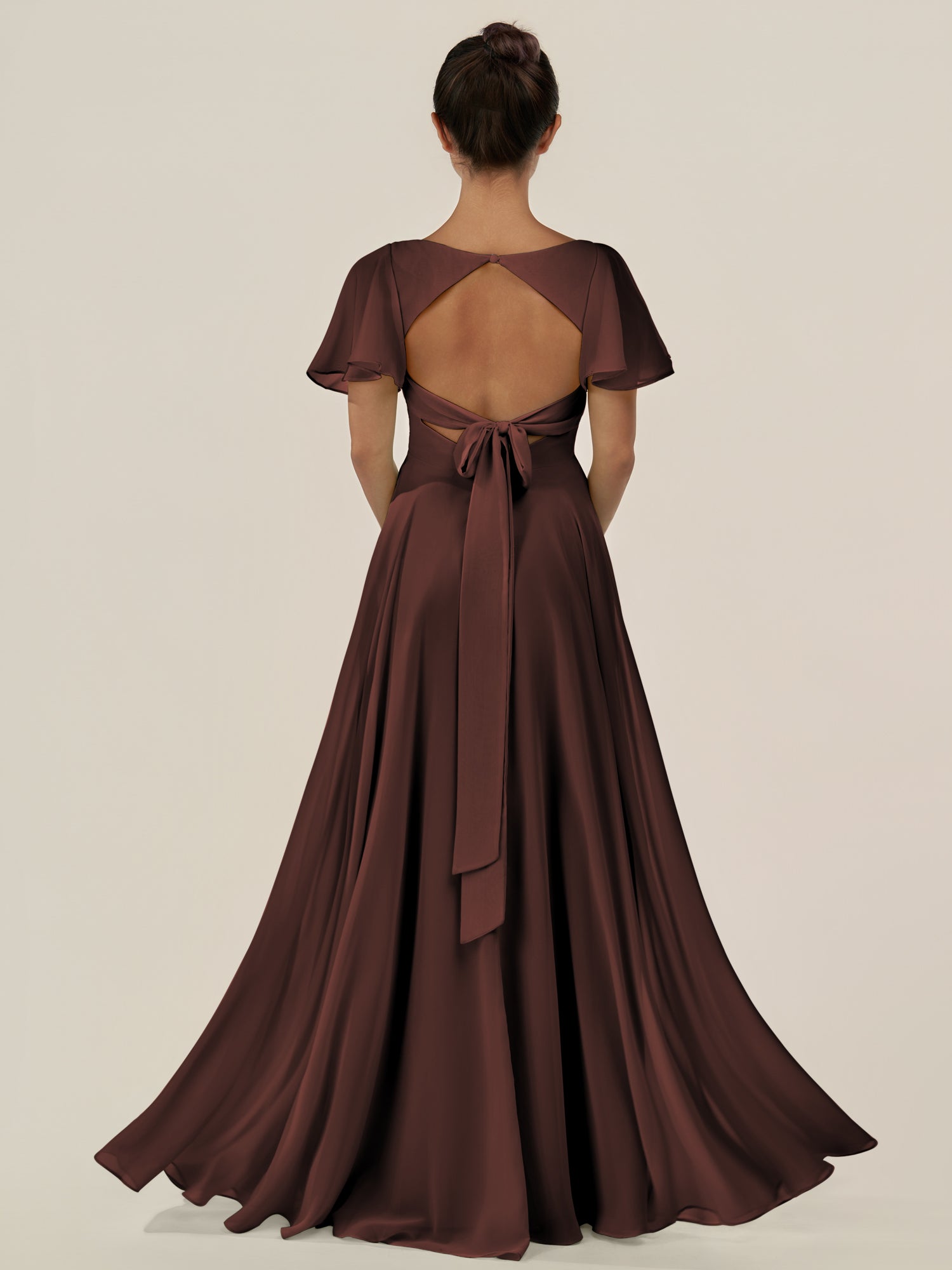 KissDress-Jania Espresso A Line Chiffon V Neck Long Bridesmaid Dress with Flutter Sleeves