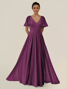 KissDress-Jania Fig A Line Chiffon V Neck Long Bridesmaid Dress with Flutter Sleeves