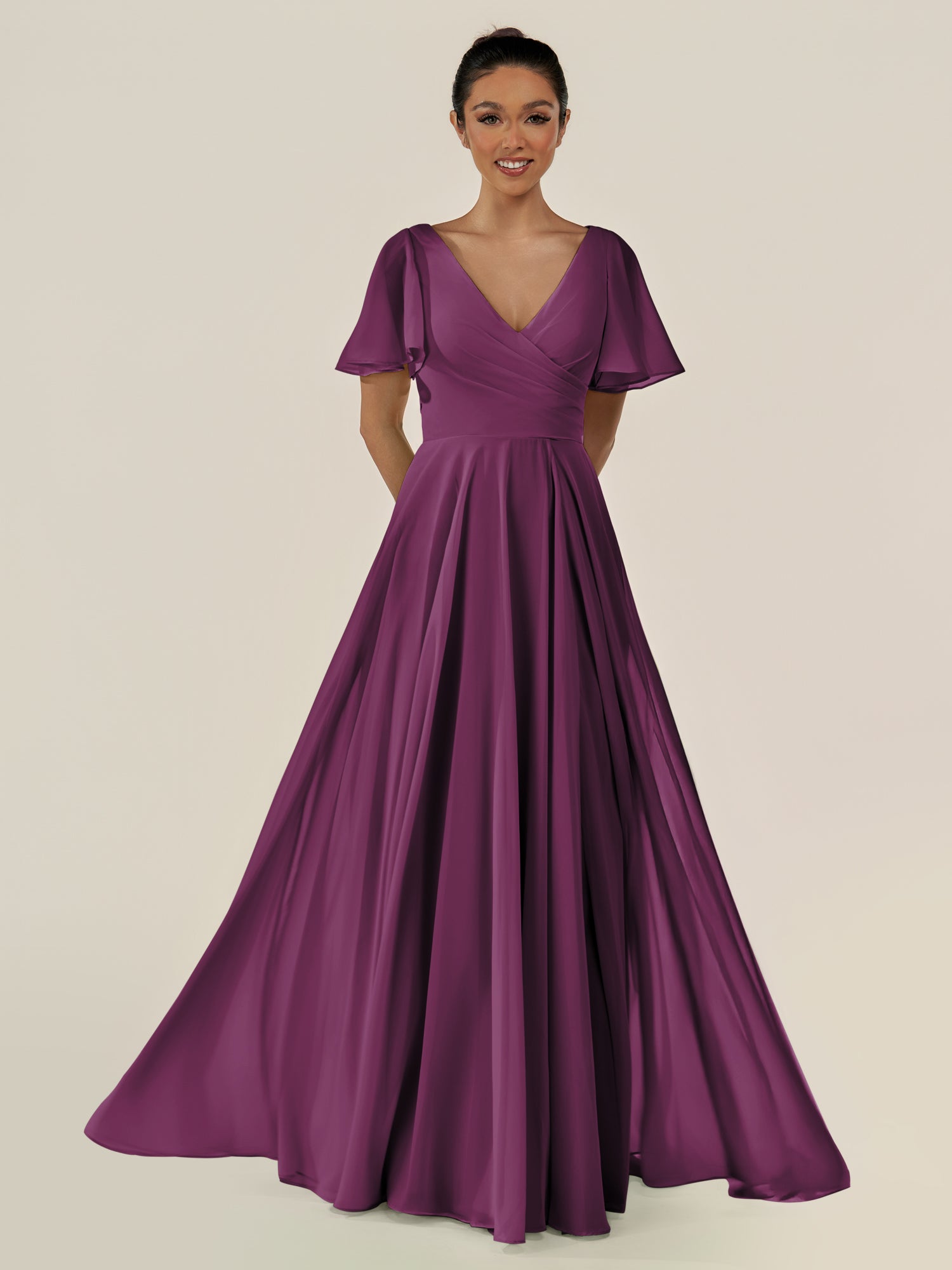 KissDress-Jania Fig A Line Chiffon V Neck Long Bridesmaid Dress with Flutter Sleeves