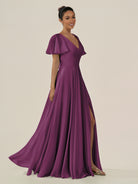 KissDress-Jania Fig A Line Chiffon V Neck Long Bridesmaid Dress with Flutter Sleeves