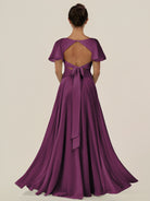 KissDress-Jania Fig A Line Chiffon V Neck Long Bridesmaid Dress with Flutter Sleeves