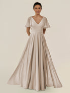 KissDress-Jania Frost A Line Chiffon V Neck Long Bridesmaid Dress with Flutter Sleeves
