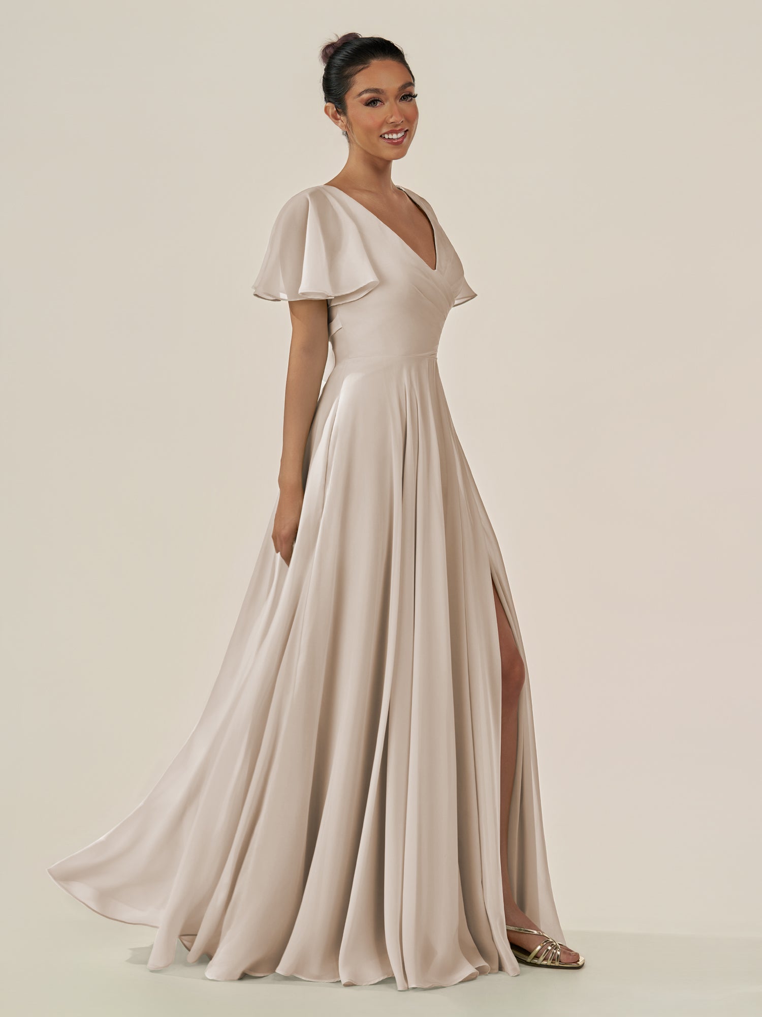 KissDress-Jania Frost A Line Chiffon V Neck Long Bridesmaid Dress with Flutter Sleeves