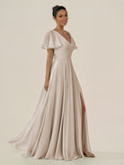 KissDress-Jania Frost A Line Chiffon V Neck Long Bridesmaid Dress with Flutter Sleeves