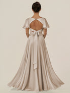 KissDress-Jania Frost A Line Chiffon V Neck Long Bridesmaid Dress with Flutter Sleeves