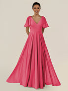 KissDress-Jania Fuchsia A Line Chiffon V Neck Long Bridesmaid Dress with Flutter Sleeves