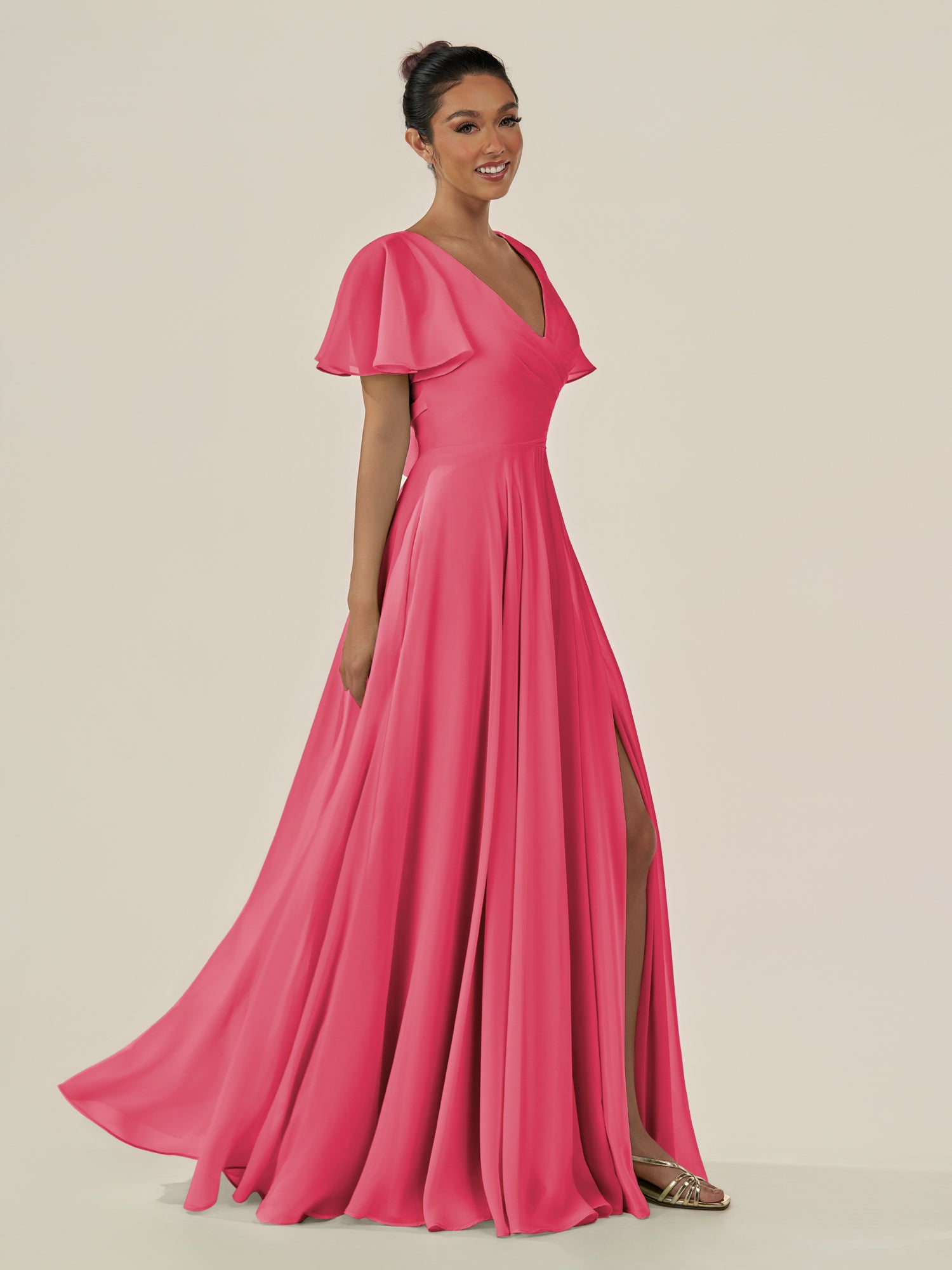 KissDress-Jania Fuchsia A Line Chiffon V Neck Long Bridesmaid Dress with Flutter Sleeves