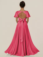 KissDress-Jania Fuchsia A Line Chiffon V Neck Long Bridesmaid Dress with Flutter Sleeves