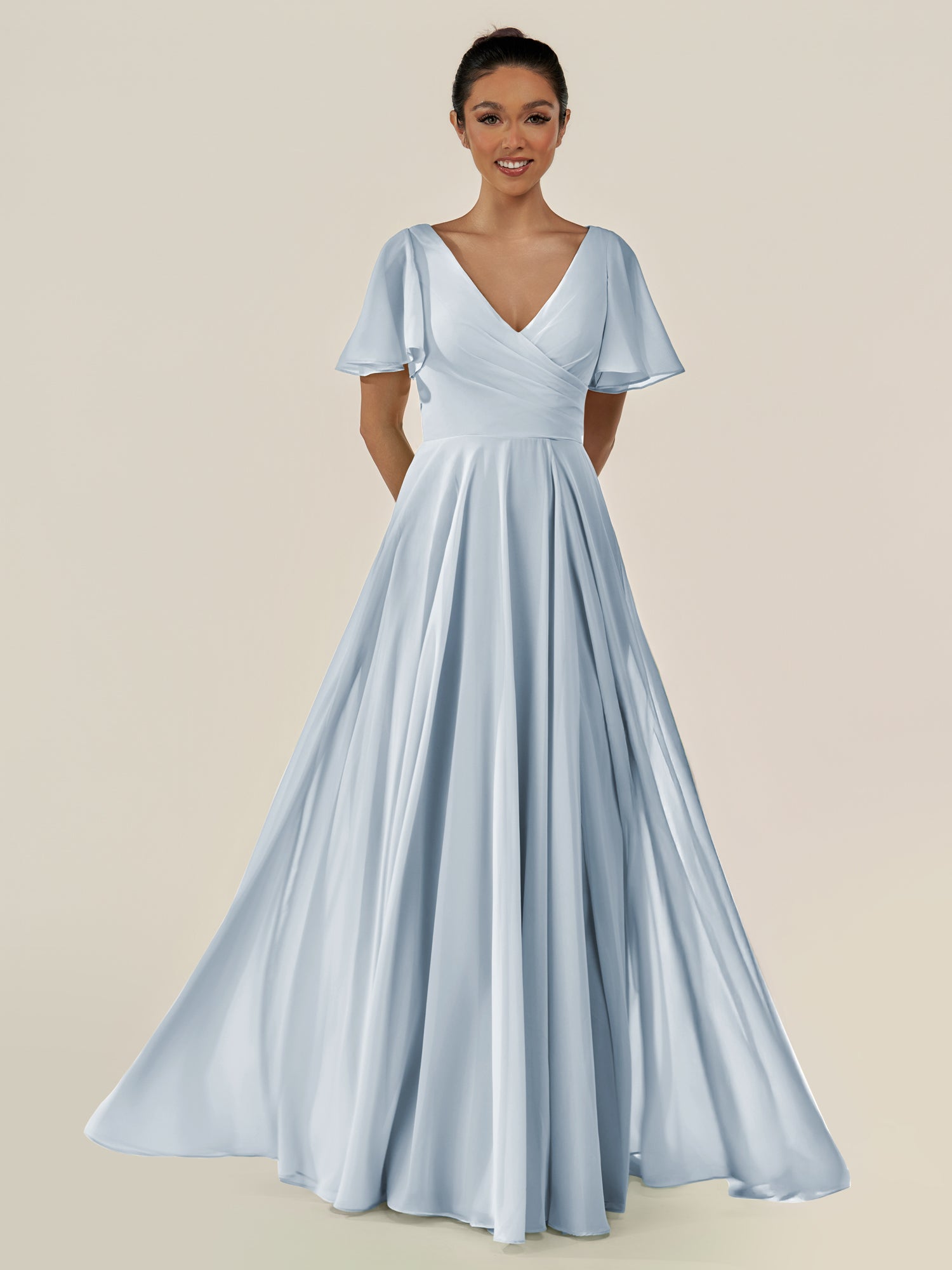 KissDress-Jania Ice A Line Chiffon V Neck Long Bridesmaid Dress with Flutter Sleeves