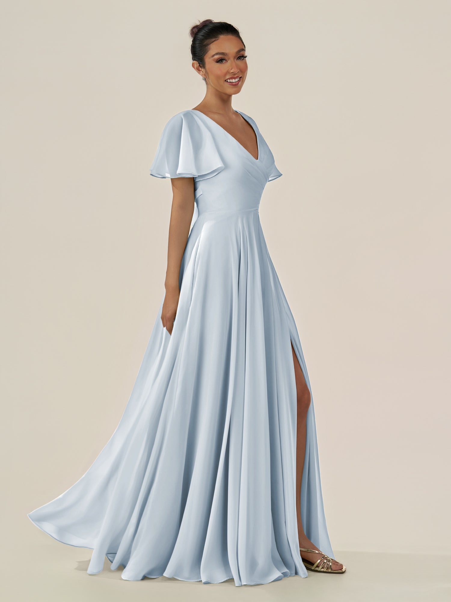 KissDress-Jania Ice A Line Chiffon V Neck Long Bridesmaid Dress with Flutter Sleeves
