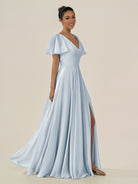 KissDress-Jania Ice A Line Chiffon V Neck Long Bridesmaid Dress with Flutter Sleeves