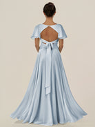 KissDress-Jania Ice A Line Chiffon V Neck Long Bridesmaid Dress with Flutter Sleeves