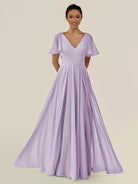 KissDress-Jania Lavender A Line Chiffon V Neck Long Bridesmaid Dress with Flutter Sleeves