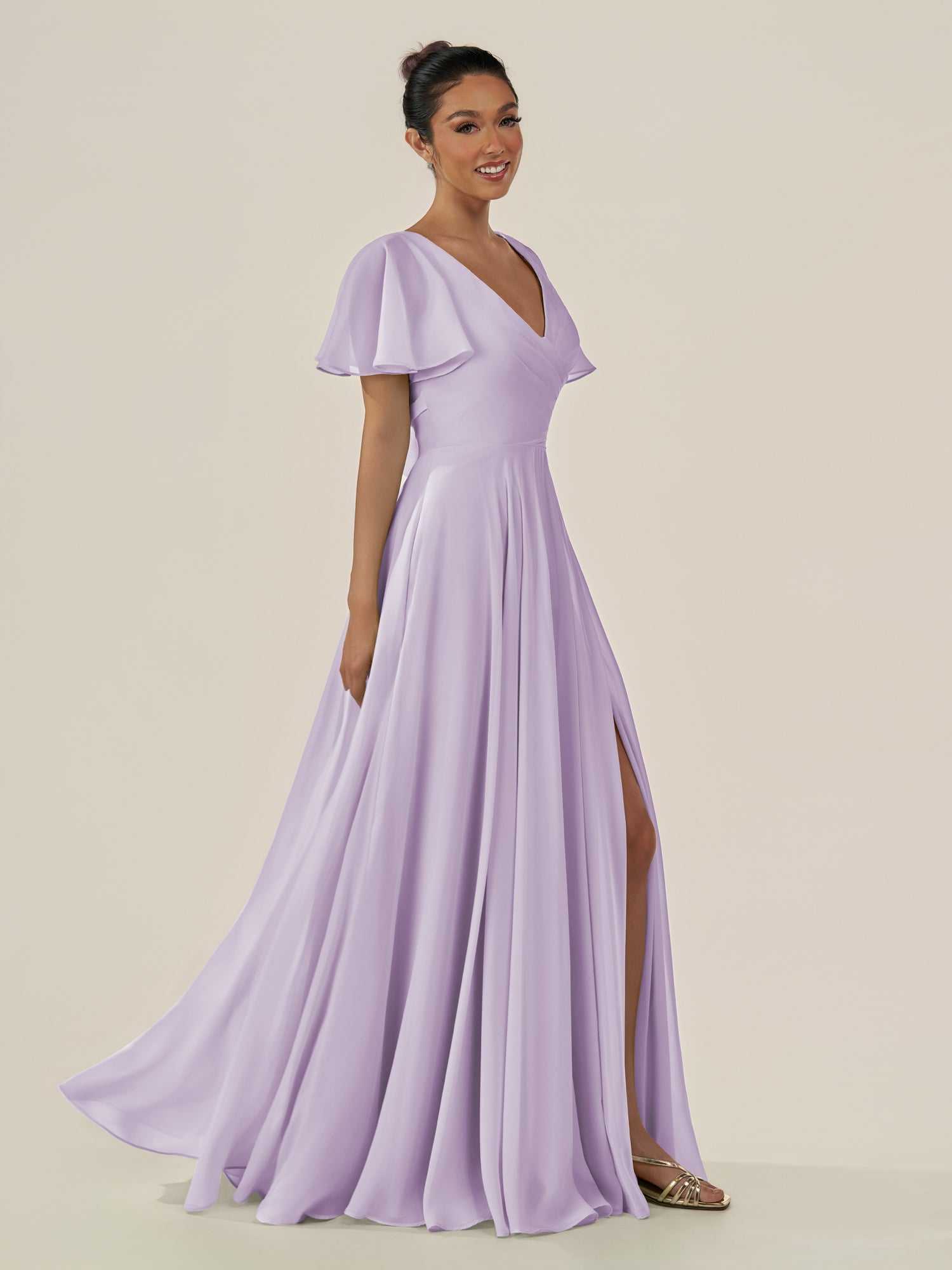 KissDress-Jania Lavender A Line Chiffon V Neck Long Bridesmaid Dress with Flutter Sleeves