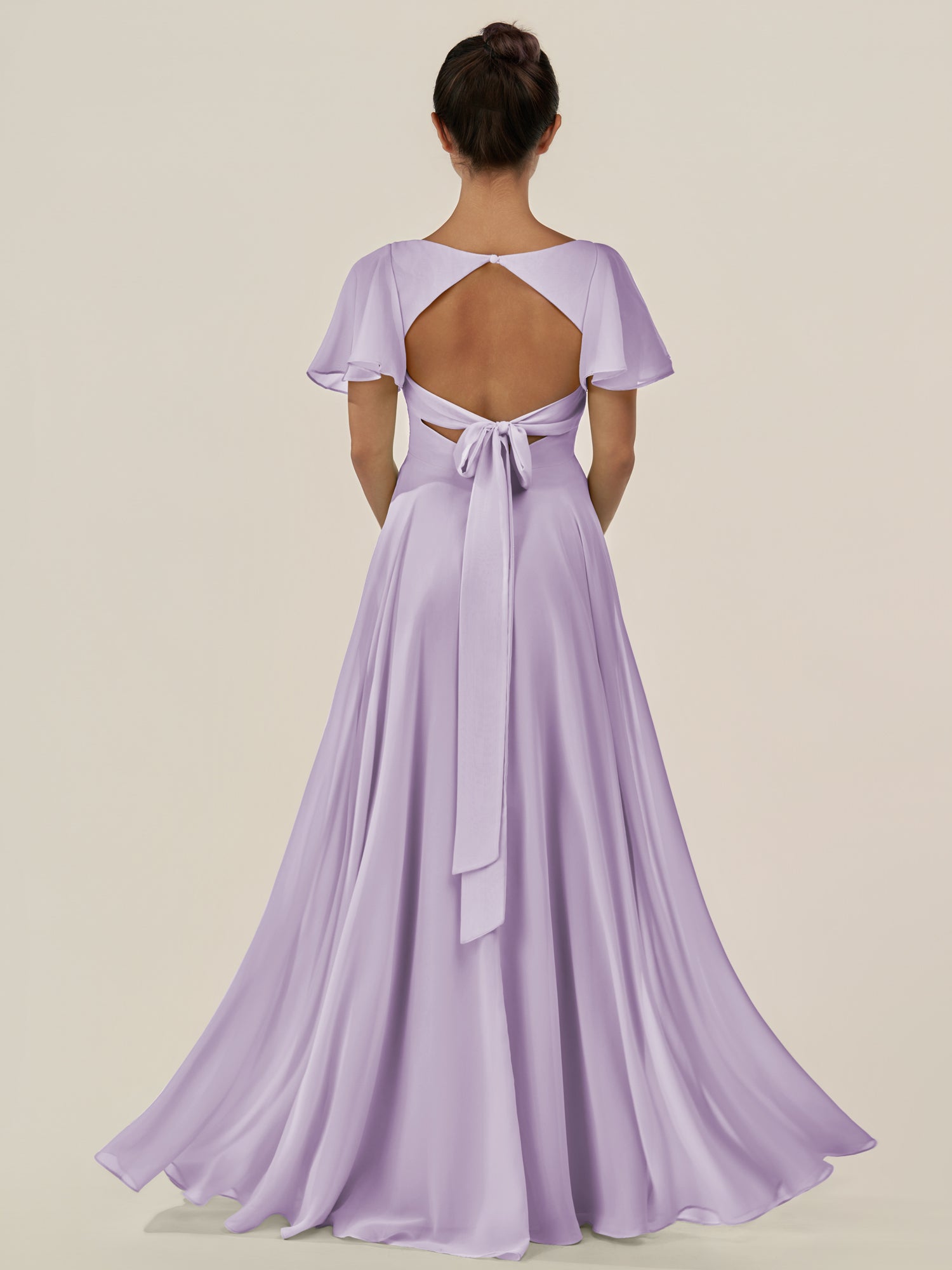 KissDress-Jania Lavender A Line Chiffon V Neck Long Bridesmaid Dress with Flutter Sleeves