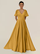 KissDress-Jania Marigold A Line Chiffon V Neck Long Bridesmaid Dress with Flutter Sleeves