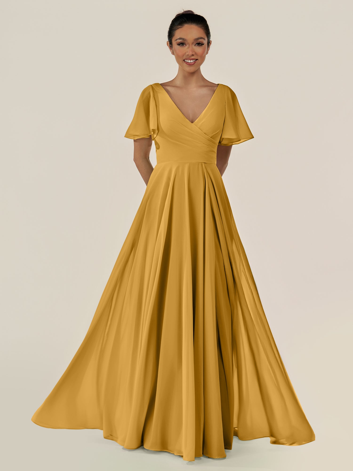 KissDress-Jania Marigold A Line Chiffon V Neck Long Bridesmaid Dress with Flutter Sleeves
