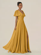 KissDress-Jania Marigold A Line Chiffon V Neck Long Bridesmaid Dress with Flutter Sleeves