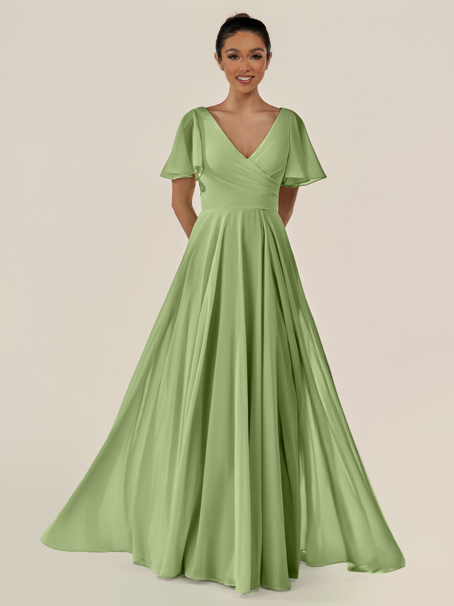 KissDress-Jania Matcha A Line Chiffon V Neck Long Bridesmaid Dress with Flutter Sleeves