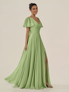KissDress-Jania Matcha A Line Chiffon V Neck Long Bridesmaid Dress with Flutter Sleeves