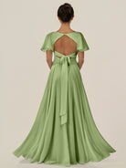 KissDress-Jania Matcha A Line Chiffon V Neck Long Bridesmaid Dress with Flutter Sleeves