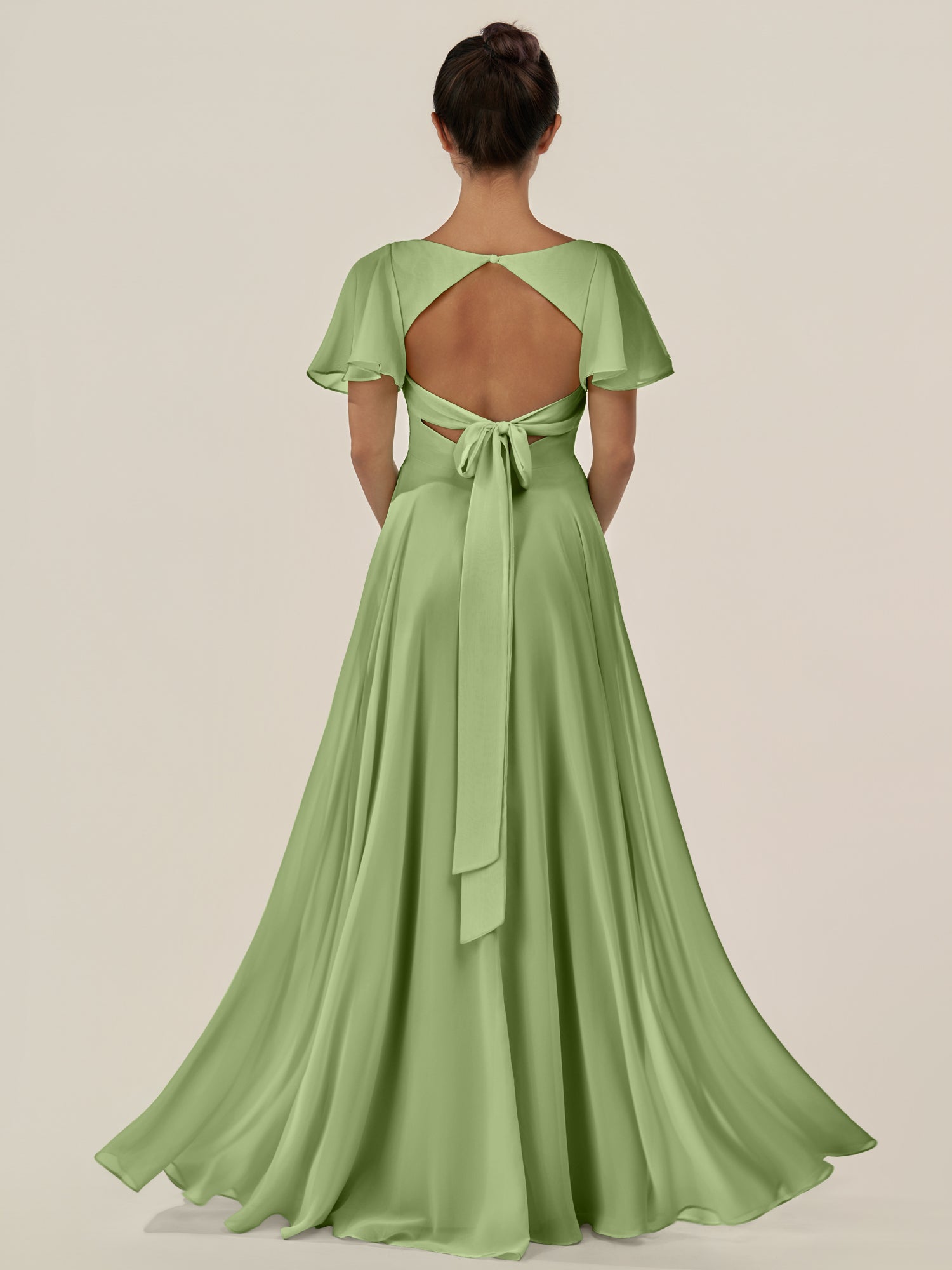 KissDress-Jania Matcha A Line Chiffon V Neck Long Bridesmaid Dress with Flutter Sleeves