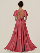 KissDress-Jania Merlot A Line Chiffon V Neck Long Bridesmaid Dress with Flutter Sleeves