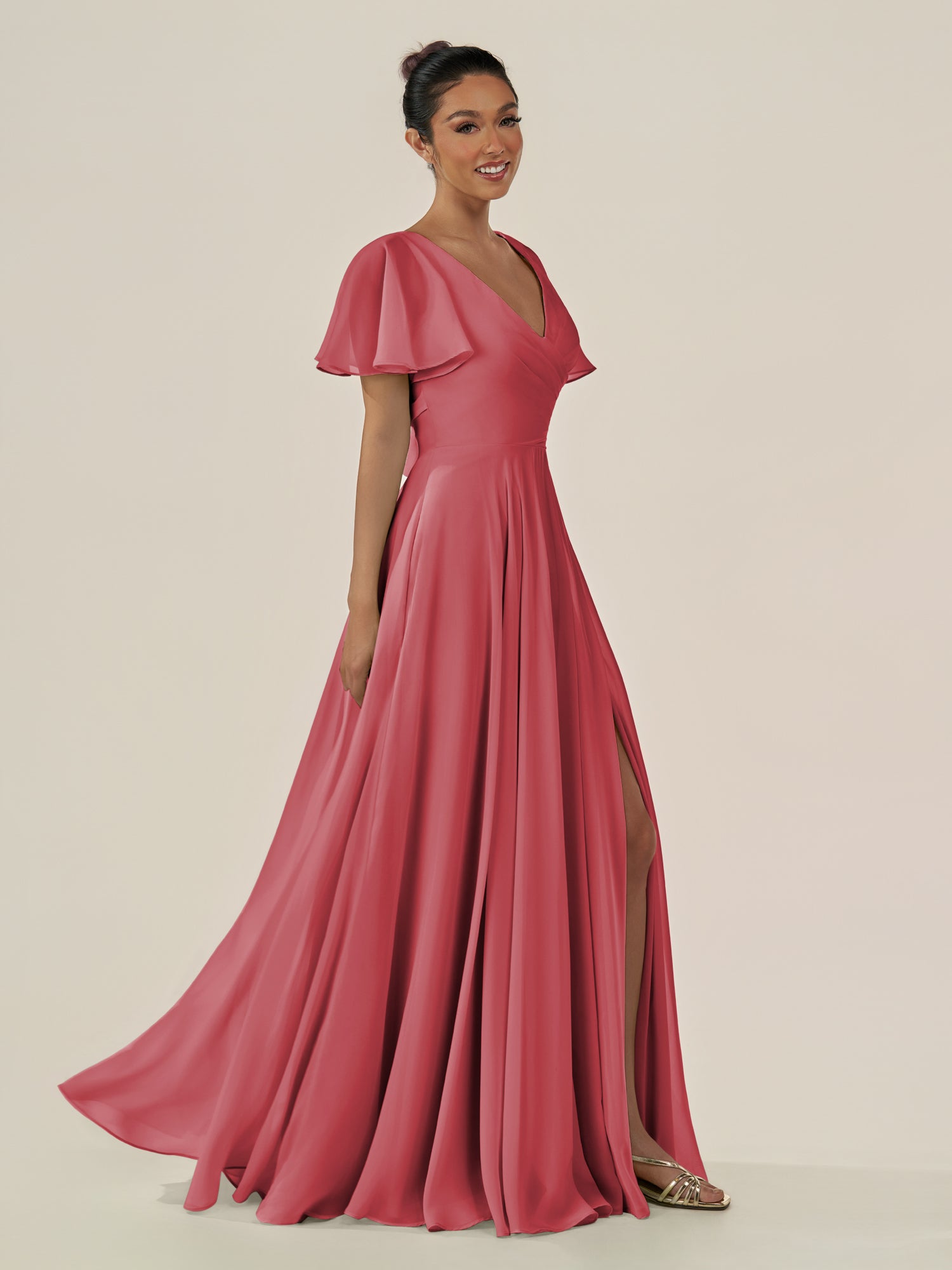 KissDress-Jania Merlot A Line Chiffon V Neck Long Bridesmaid Dress with Flutter Sleeves