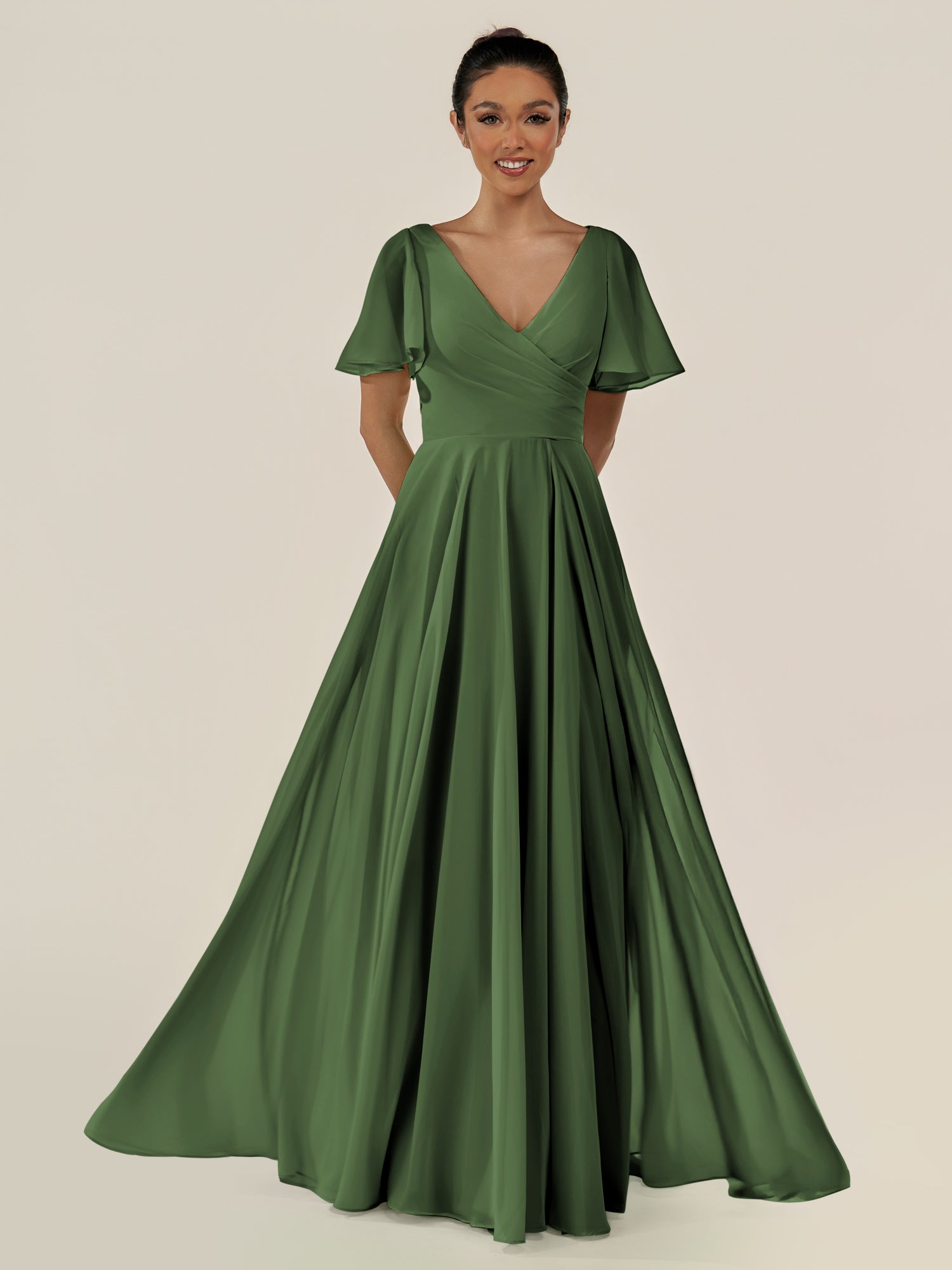 KissDress-Jania Moss A Line Chiffon V Neck Long Bridesmaid Dress with Flutter Sleeves