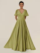 KissDress-Jania Moss Green A Line Chiffon V Neck Long Bridesmaid Dress with Flutter Sleeves