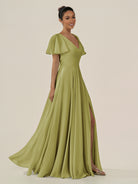 KissDress-Jania Moss Green A Line Chiffon V Neck Long Bridesmaid Dress with Flutter Sleeves