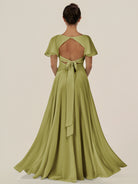 KissDress-Jania Moss Green A Line Chiffon V Neck Long Bridesmaid Dress with Flutter Sleeves