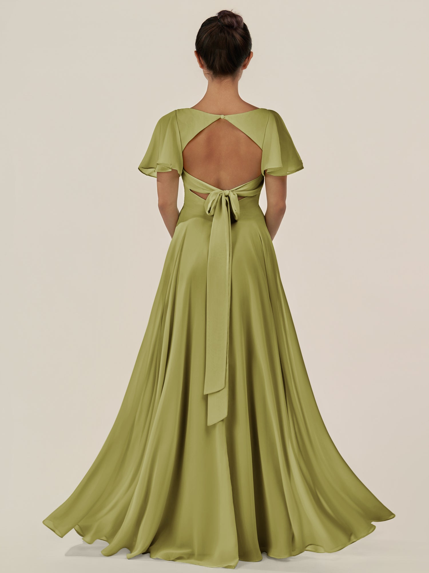 KissDress-Jania Moss Green A Line Chiffon V Neck Long Bridesmaid Dress with Flutter Sleeves
