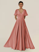 KissDress-Jania Mulberry A Line Chiffon V Neck Long Bridesmaid Dress with Flutter Sleeves