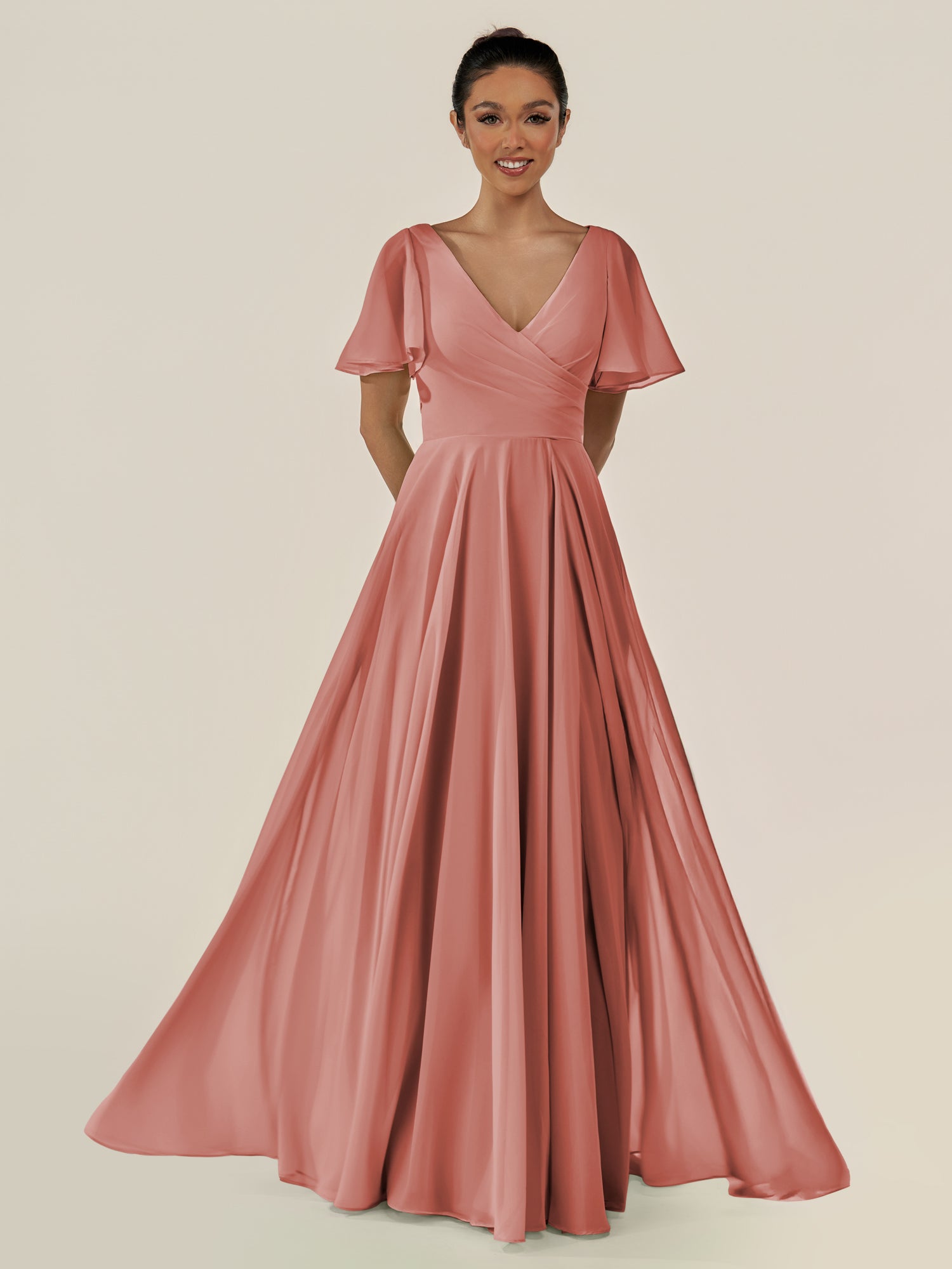 KissDress-Jania Mulberry A Line Chiffon V Neck Long Bridesmaid Dress with Flutter Sleeves