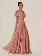 KissDress-Jania Mulberry A Line Chiffon V Neck Long Bridesmaid Dress with Flutter Sleeves