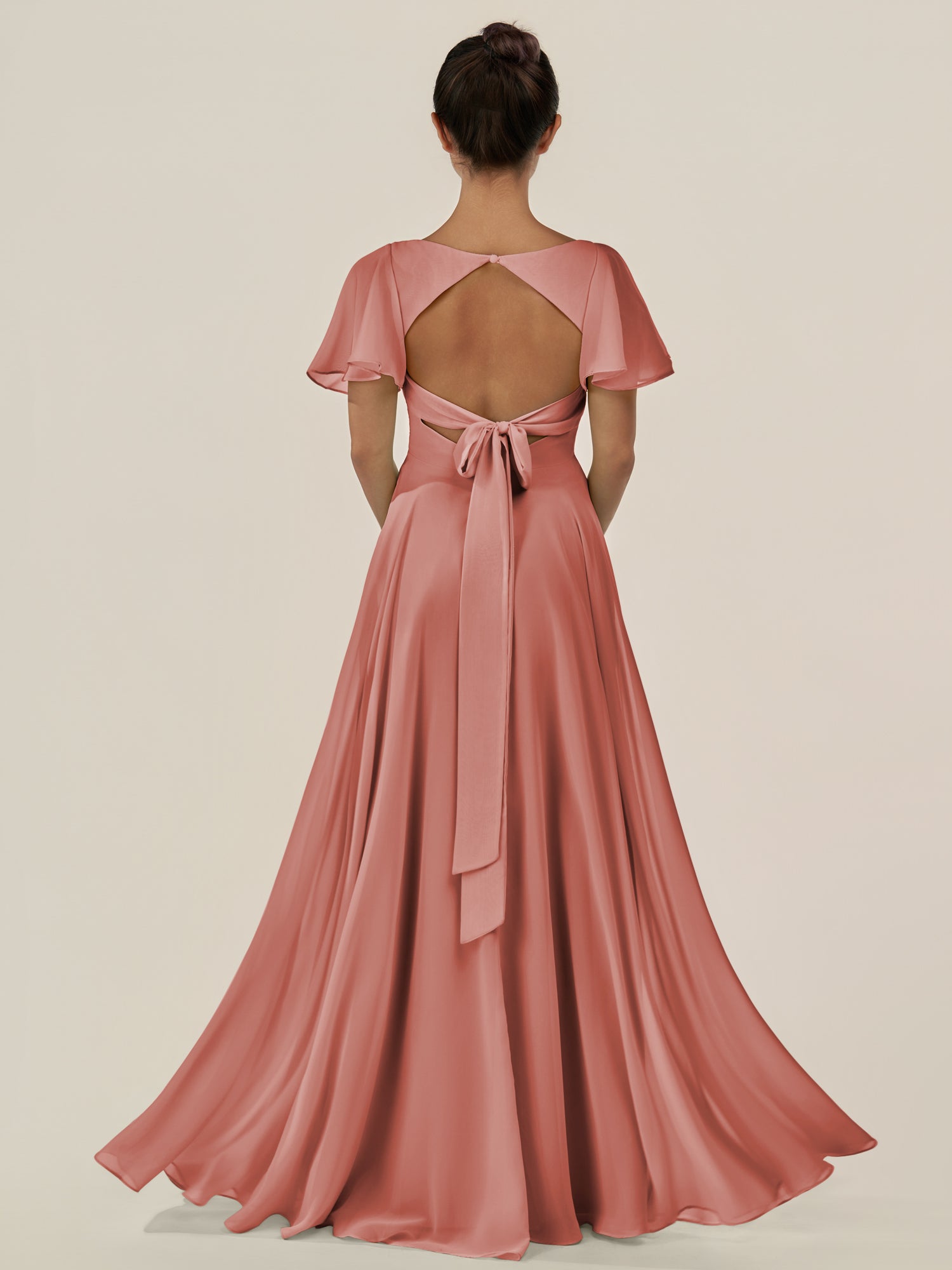KissDress-Jania Mulberry A Line Chiffon V Neck Long Bridesmaid Dress with Flutter Sleeves