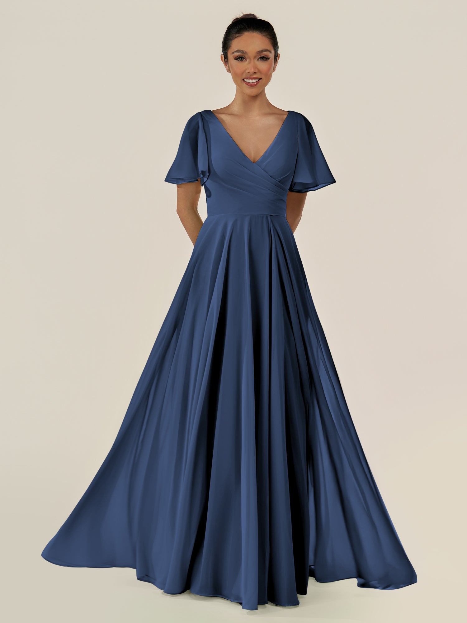KissDress-Jania Navy A Line Chiffon V Neck Long Bridesmaid Dress with Flutter Sleeves