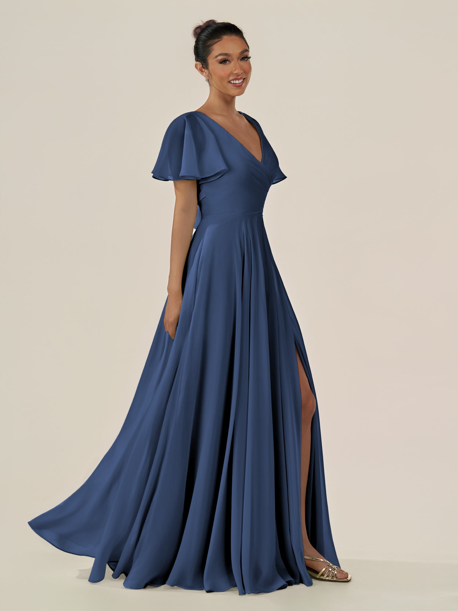 KissDress-Jania Navy A Line Chiffon V Neck Long Bridesmaid Dress with Flutter Sleeves