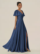 KissDress-Jania Navy A Line Chiffon V Neck Long Bridesmaid Dress with Flutter Sleeves