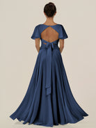 KissDress-Jania Navy A Line Chiffon V Neck Long Bridesmaid Dress with Flutter Sleeves