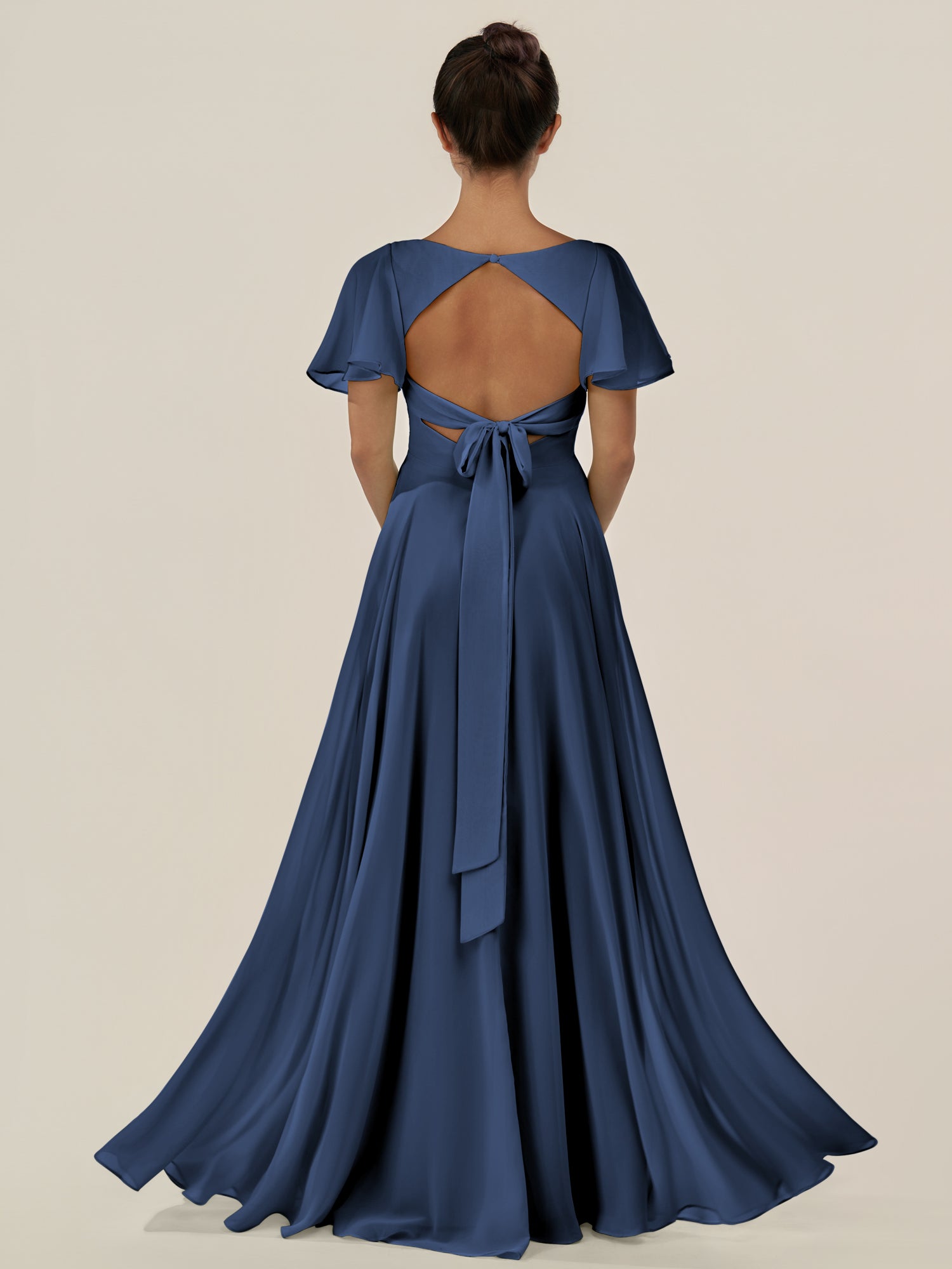 KissDress-Jania Navy A Line Chiffon V Neck Long Bridesmaid Dress with Flutter Sleeves