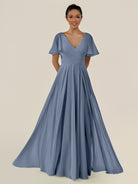 KissDress-Jania Neptune A Line Chiffon V Neck Long Bridesmaid Dress with Flutter Sleeves