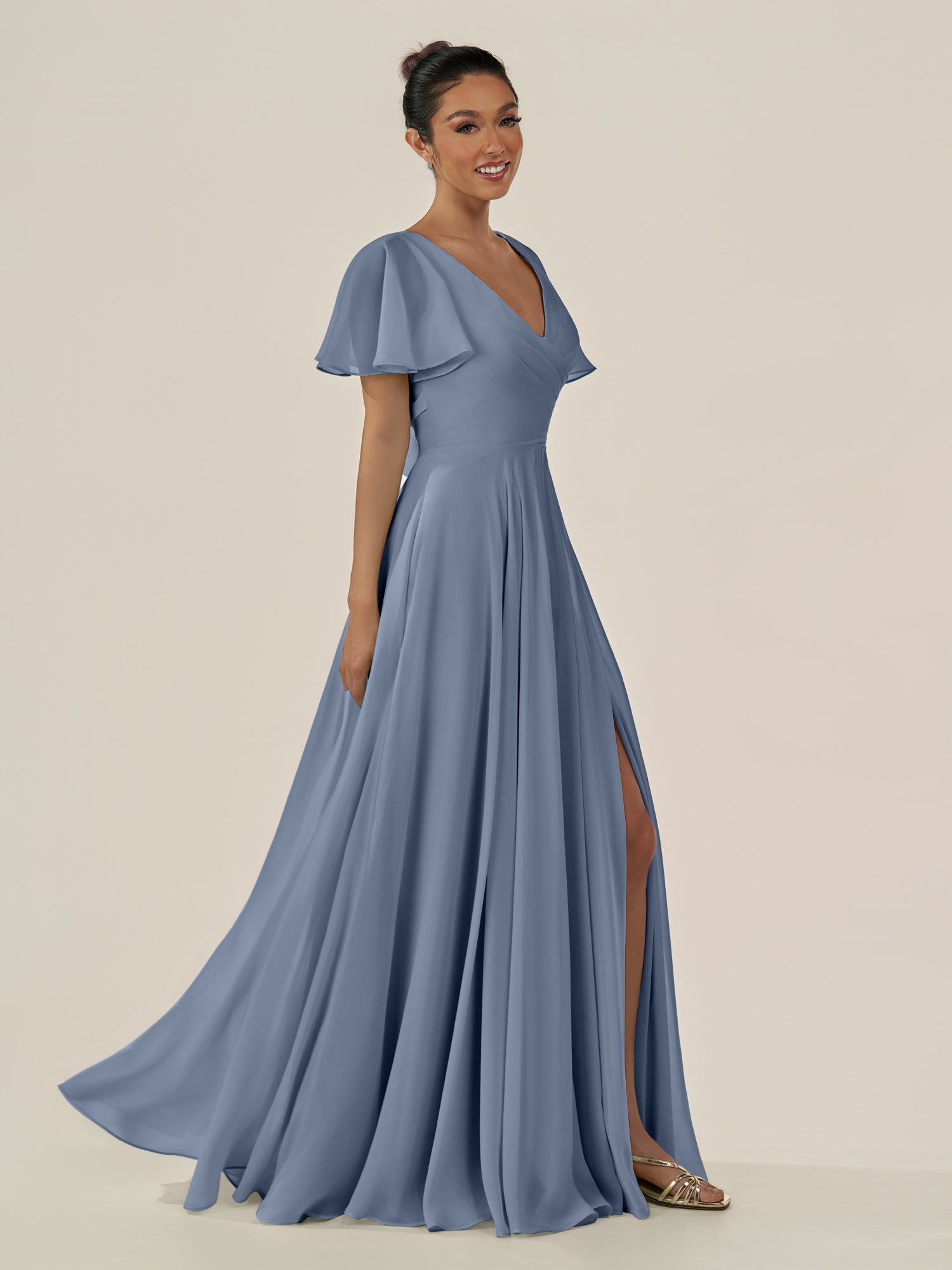 KissDress-Jania Neptune A Line Chiffon V Neck Long Bridesmaid Dress with Flutter Sleeves