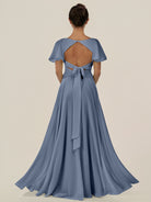 KissDress-Jania Neptune A Line Chiffon V Neck Long Bridesmaid Dress with Flutter Sleeves