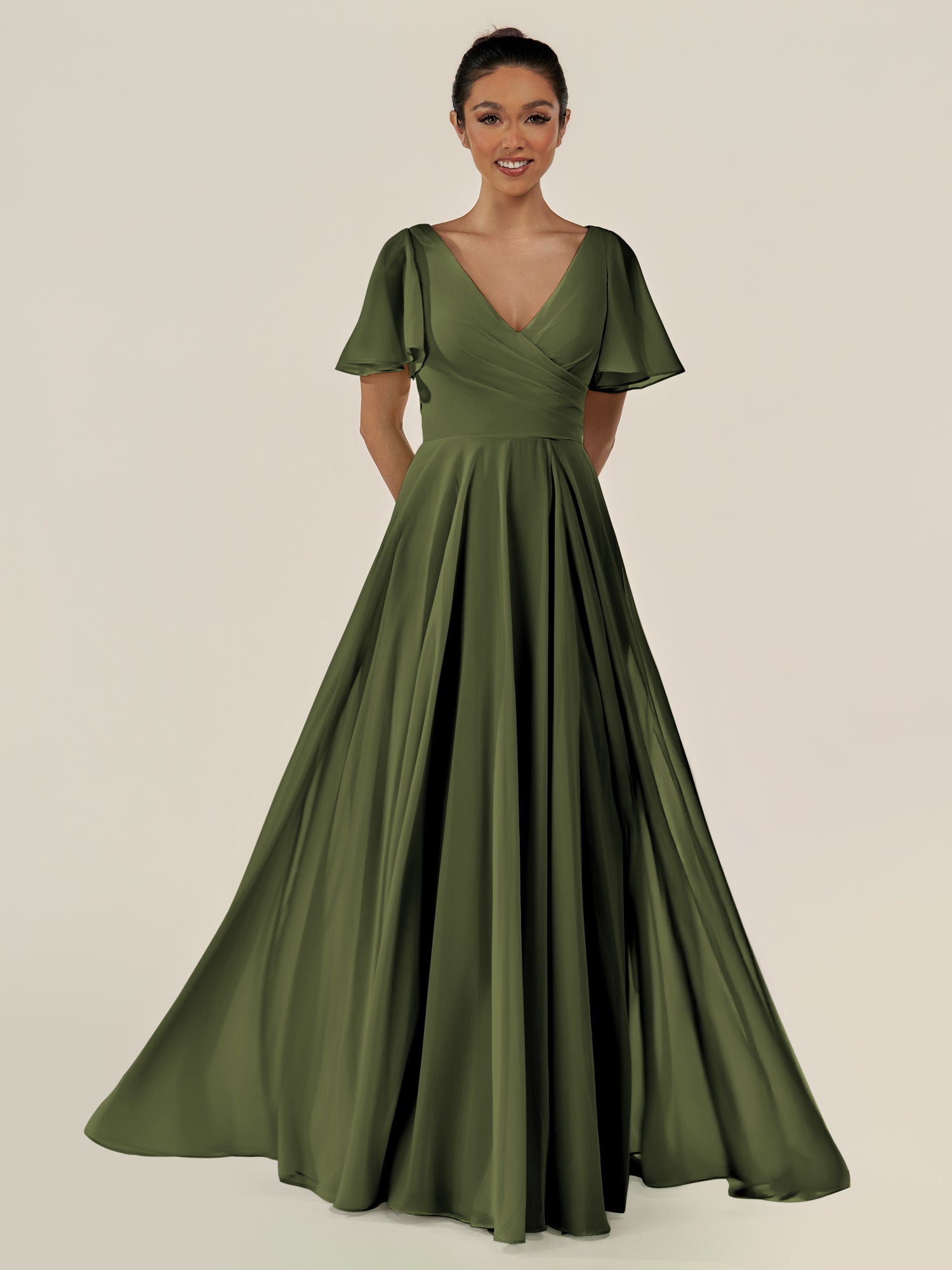 KissDress-Jania Olive A Line Chiffon V Neck Long Bridesmaid Dress with Flutter Sleeves