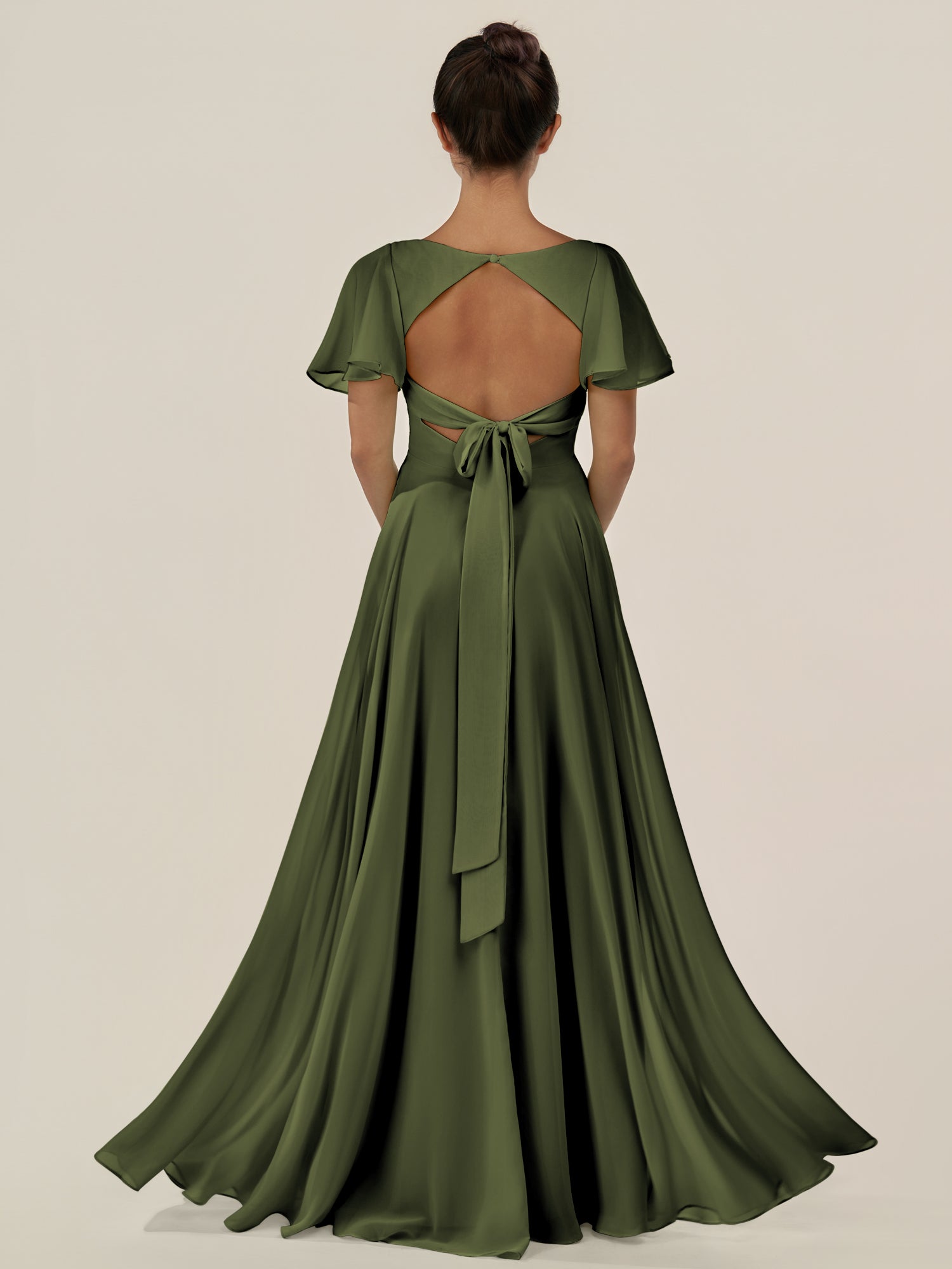 KissDress-Jania Olive A Line Chiffon V Neck Long Bridesmaid Dress with Flutter Sleeves
