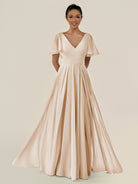 KissDress-Jania Pale Blush A Line Chiffon V Neck Long Bridesmaid Dress with Flutter Sleeves