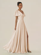 KissDress-Jania Pale Blush A Line Chiffon V Neck Long Bridesmaid Dress with Flutter Sleeves