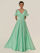 KissDress-Jania Pale Pistachio A Line Chiffon V Neck Long Bridesmaid Dress with Flutter Sleeves